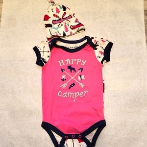 NWOT little Blue House "Happy Camper" onesie/bodysuit with matching baby hat